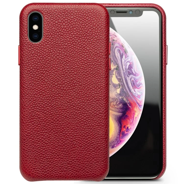 QIALINO Classic Litchi Texture Veau Couverture Du Cuir Véritable Couverture PC En Cuir Pour IPhone XS Max 6,5 Pouces - Rouge