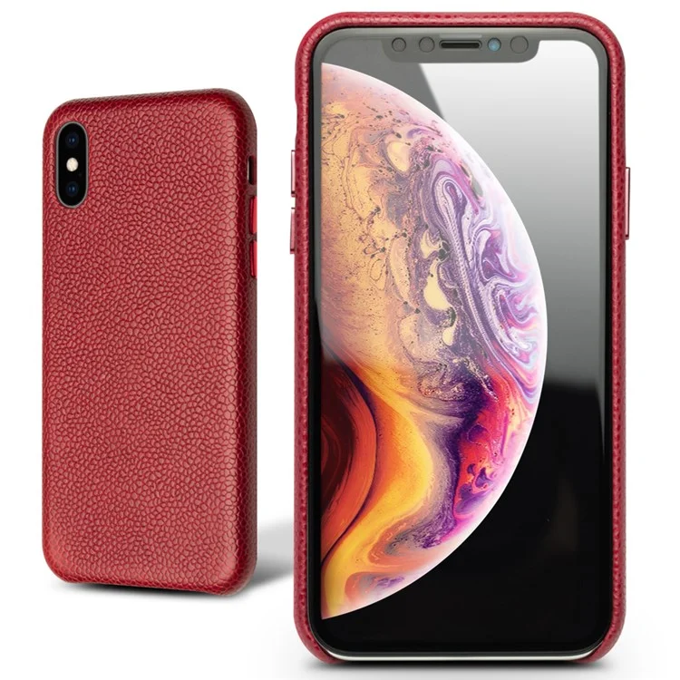 QIALINO Classic Litchi Texture Veau Couverture Du Cuir Véritable Couverture PC En Cuir Pour IPhone XS Max 6,5 Pouces - Rouge