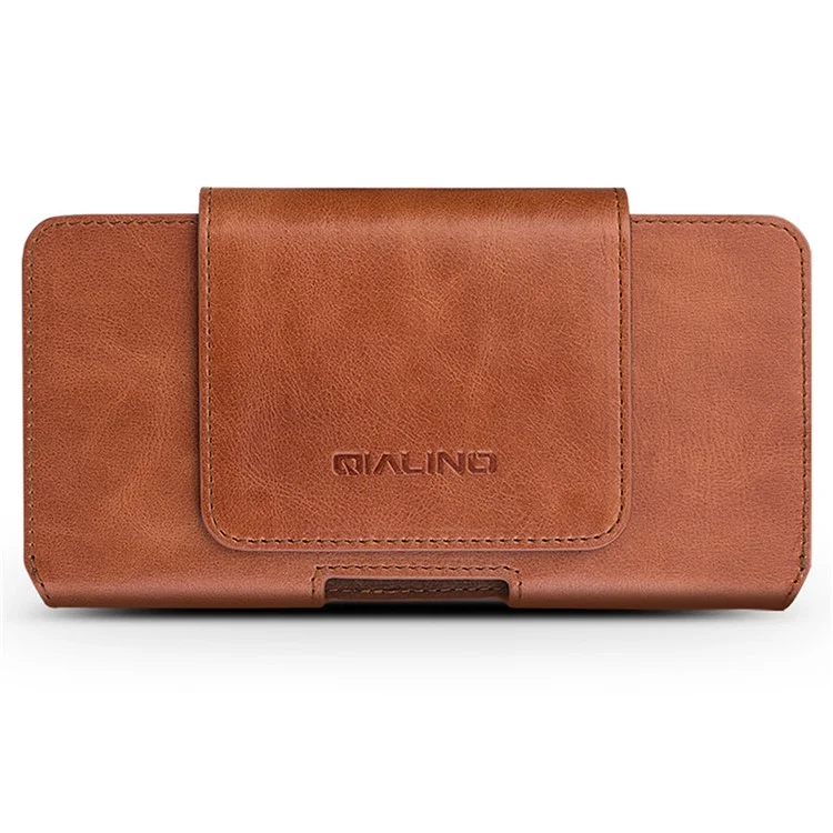 QIALINO For iPhone XR 6.1 inch / iPhone XS Max 6.5 inch Genuine Cow Leather Holster Case Phone Belt Hanging Bag, 16x9cm - Brown