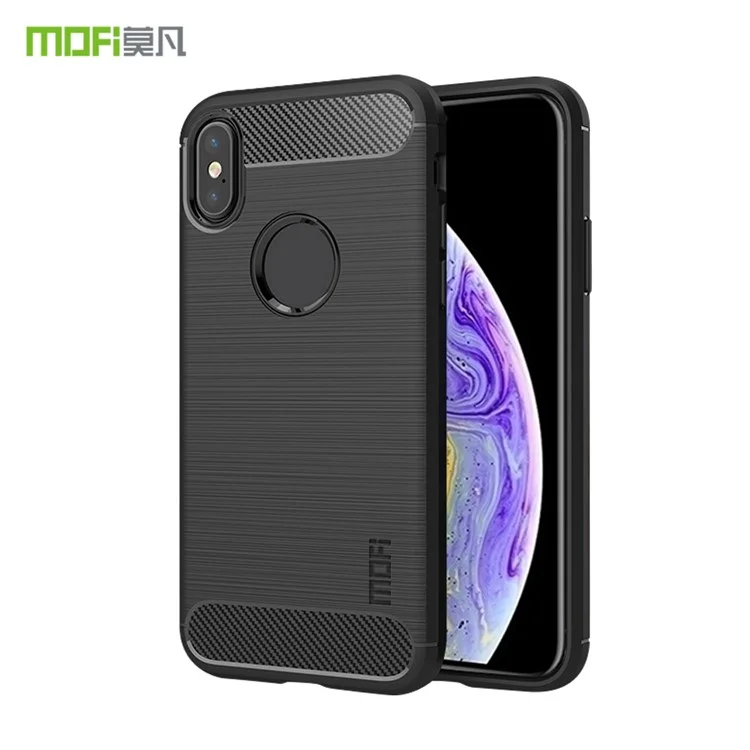 MOFI Carbon Fiber Texture Brushed TPU Back Case with Apple Logo for iPhone XS/X 5.8-inch - Black