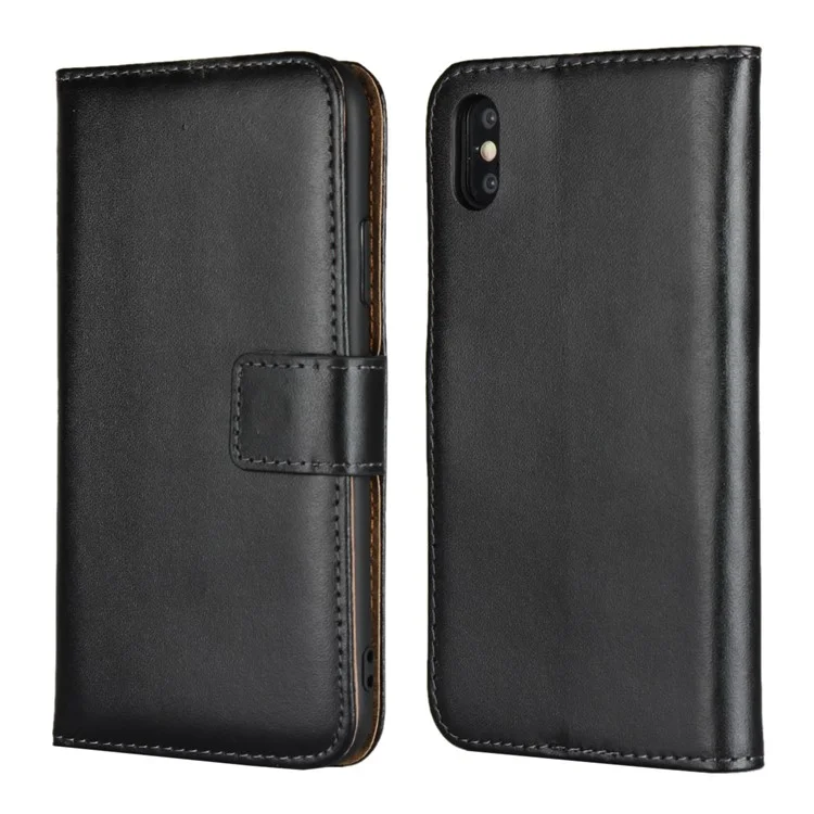 For iPhone XS 5.8 inch Genuine Split Leather Stand Wallet Flip Case - Black