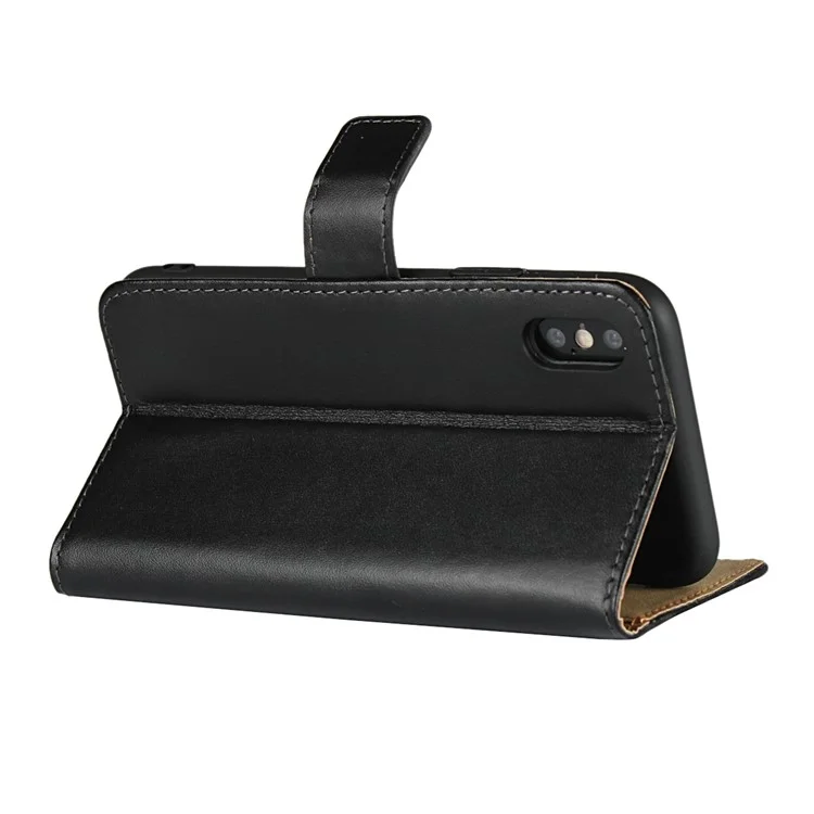 For iPhone XS 5.8 inch Genuine Split Leather Stand Wallet Flip Case - Black