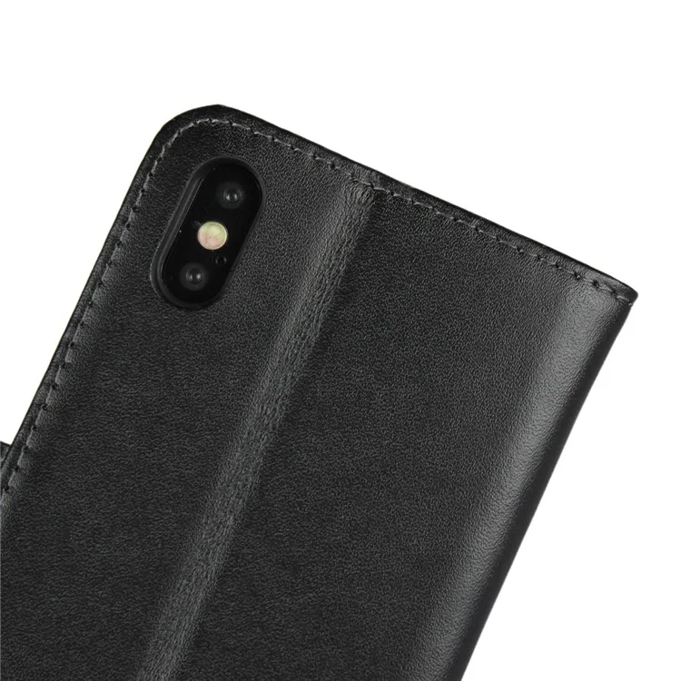 For iPhone XS 5.8 inch Genuine Split Leather Stand Wallet Flip Case - Black