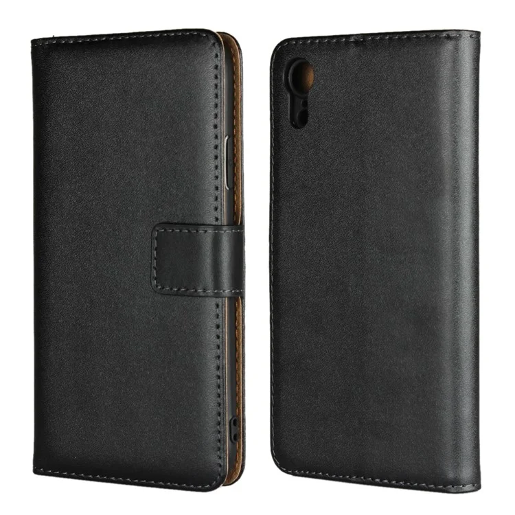 For iPhone XR 6.1 inch Genuine Split Leather Stand Wallet Flip Cover Case - Black