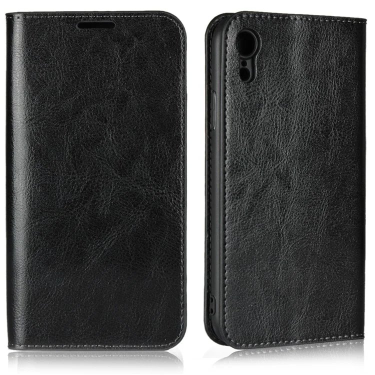 Crazy Horse Texture Genuine Leather Cover for iPhone XR 6.1 inch, Shockproof TPU Wallet Viewing Stand Flip Phone Case - Black