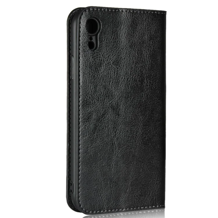 Crazy Horse Texture Genuine Leather Cover for iPhone XR 6.1 inch, Shockproof TPU Wallet Viewing Stand Flip Phone Case - Black