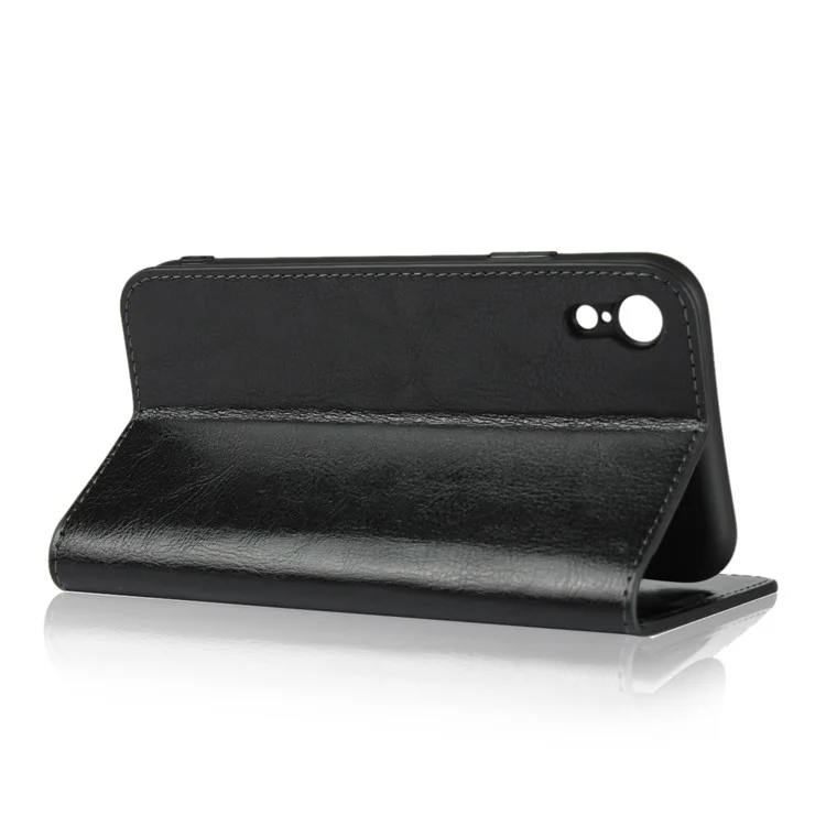 Couverture en cuir véritable à texture de cheval fou pour iPhone XR 6.1 pouces, étui portefeuille de protection anti-choc TPU avec support de visualisation Flip Phone - Noir