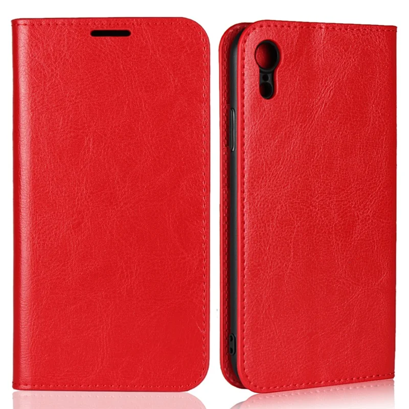 Crazy Horse Texture Genuine Leather Cover for iPhone XR 6.1 inch, Shockproof TPU Wallet Viewing Stand Flip Phone Case - Red