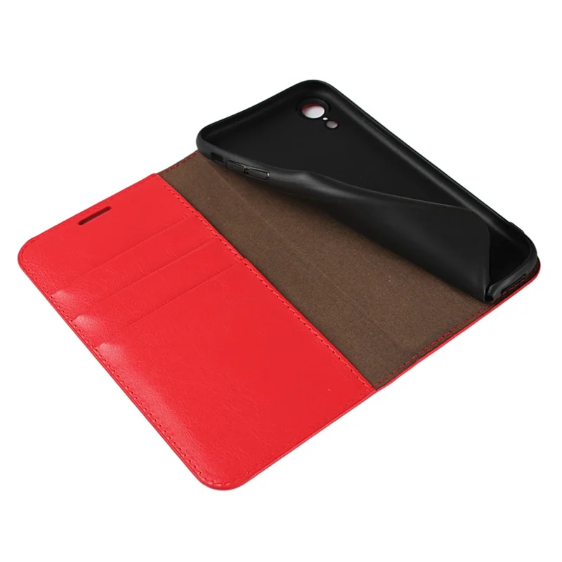 Crazy Horse Texture Genuine Leather Cover for iPhone XR 6.1 inch, Shockproof TPU Wallet Viewing Stand Flip Phone Case - Red