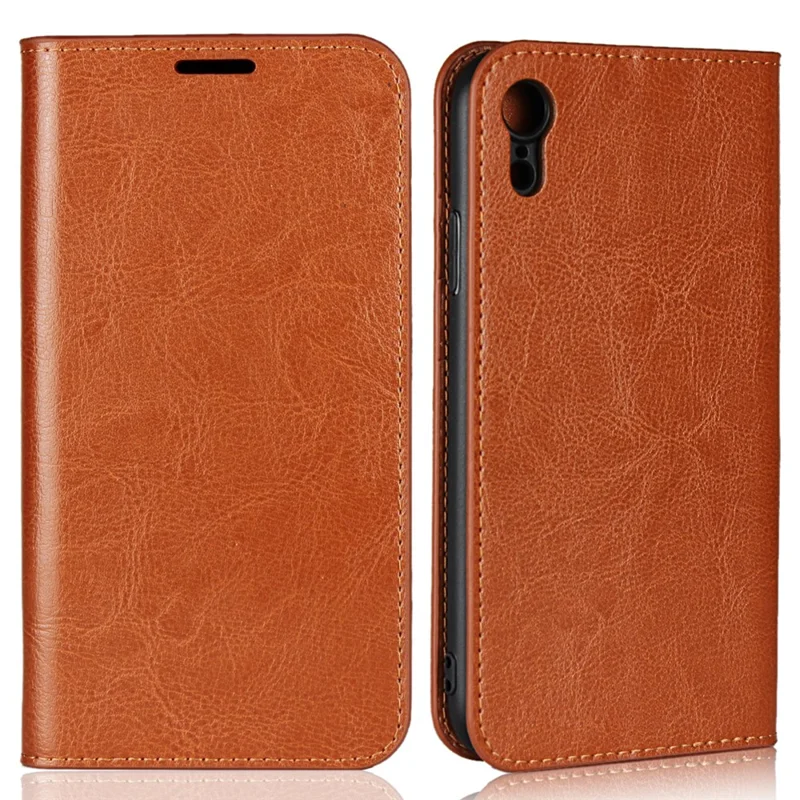Crazy Horse Texture Genuine Leather Cover for iPhone XR 6.1 inch, Shockproof TPU Wallet Viewing Stand Flip Phone Case - Brown