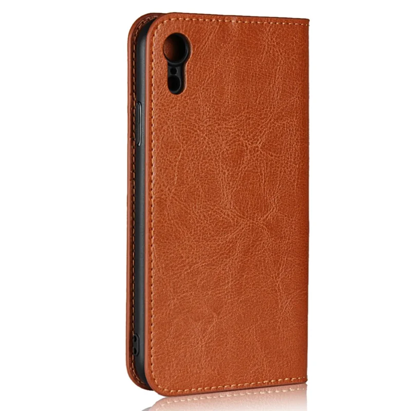 Crazy Horse Texture Genuine Leather Cover for iPhone XR 6.1 inch, Shockproof TPU Wallet Viewing Stand Flip Phone Case - Brown