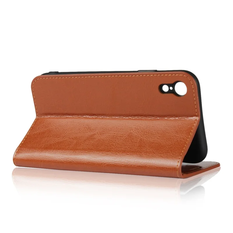 Crazy Horse Texture Genuine Leather Cover for iPhone XR 6.1 inch, Shockproof TPU Wallet Viewing Stand Flip Phone Case - Brown