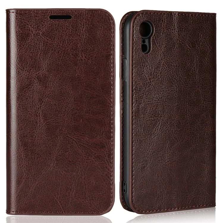 Crazy Horse Texture Genuine Leather Cover for iPhone XR 6.1 inch, Shockproof TPU Wallet Viewing Stand Flip Phone Case - Coffee