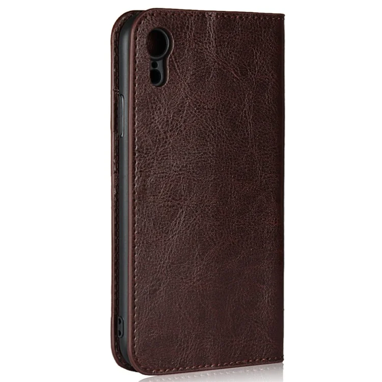 Crazy Horse Texture Genuine Leather Cover for iPhone XR 6.1 inch, Shockproof TPU Wallet Viewing Stand Flip Phone Case - Coffee