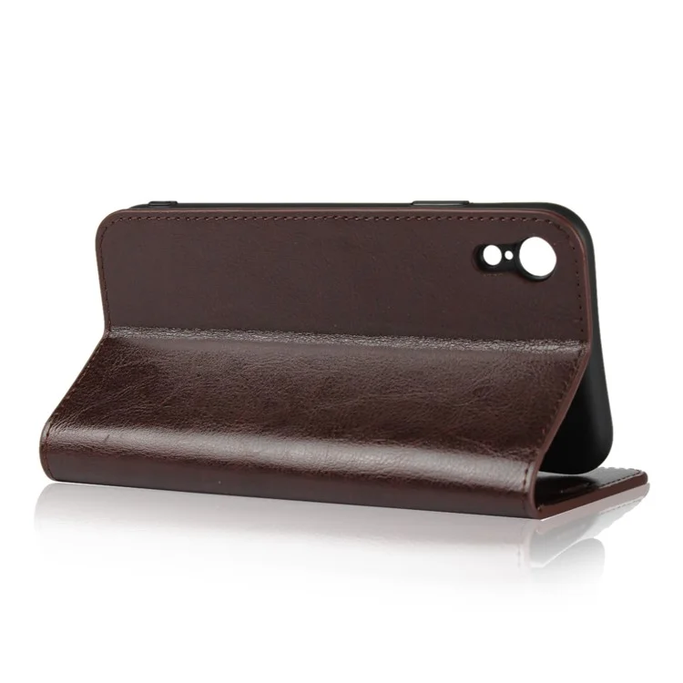 Crazy Horse Texture Genuine Leather Cover for iPhone XR 6.1 inch, Shockproof TPU Wallet Viewing Stand Flip Phone Case - Coffee