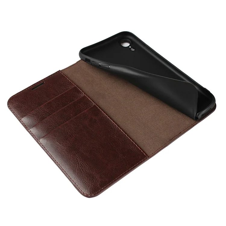 Crazy Horse Texture Genuine Leather Cover for iPhone XR 6.1 inch, Shockproof TPU Wallet Viewing Stand Flip Phone Case - Coffee