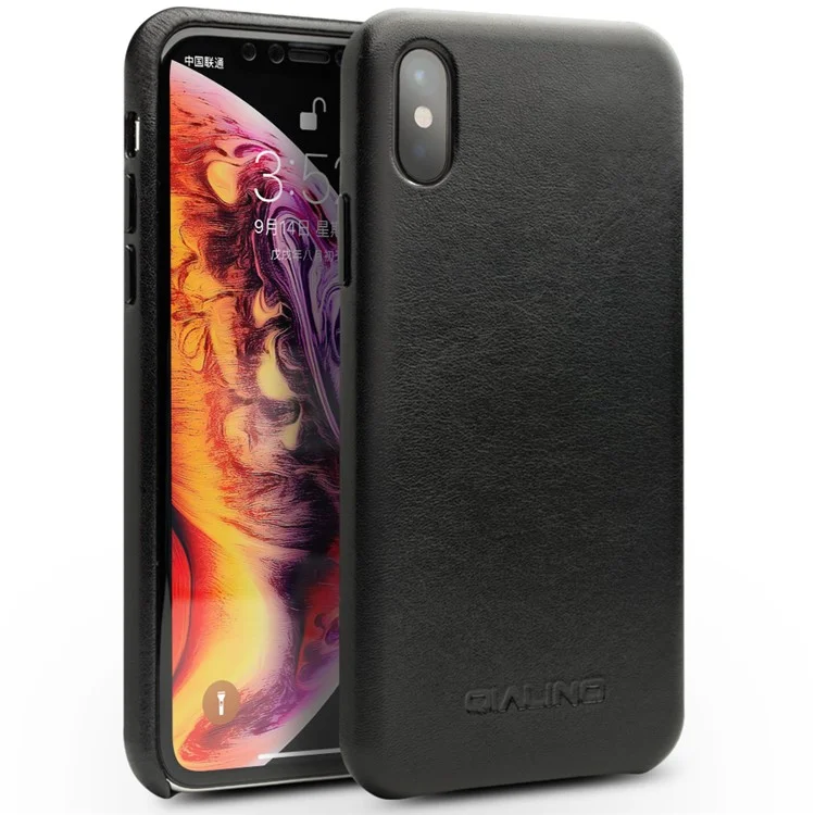 QIALINO pour iPhone XS Max 6.5 pouces Étui rigide en PC enduit de cuir véritable - Noir