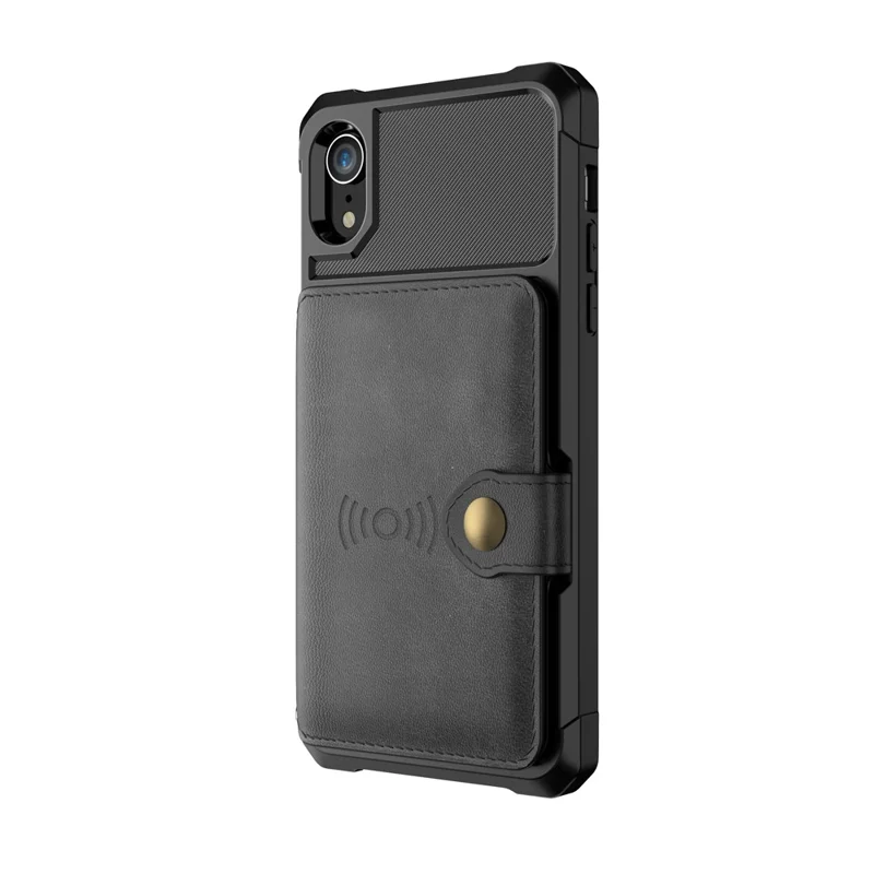 Leather Coated TPU Wallet Kickstand Casing with Built-in Magnetic Sheet for iPhone XR 6.1 inch - Black