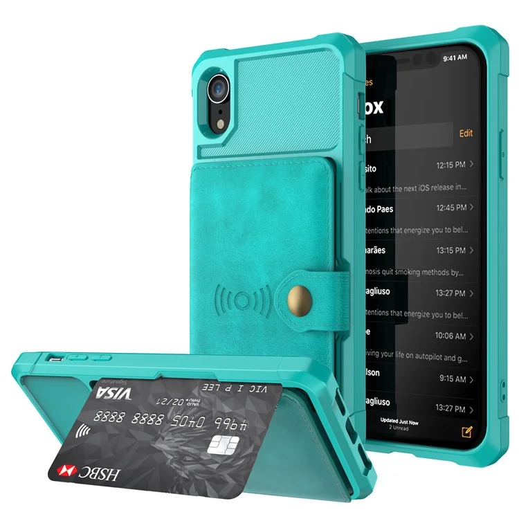 Carteira de Couro Revestida de TPU com Suporte e Folha Magnética Embutida para iPhone XR 6.1 polegadas - Ciano