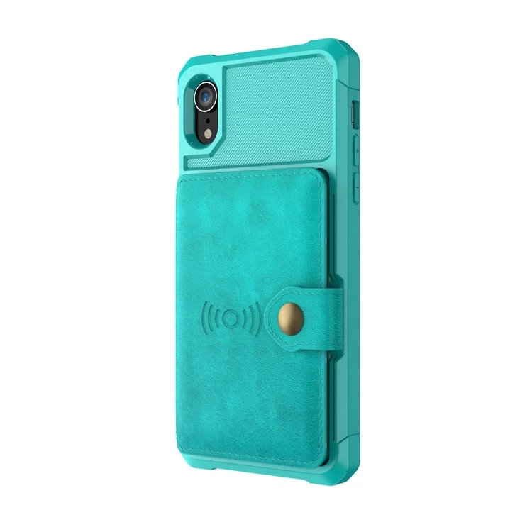Carteira de Couro Revestida de TPU com Suporte e Folha Magnética Embutida para iPhone XR 6.1 polegadas - Ciano