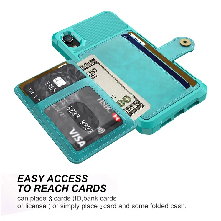 Carteira de Couro Revestida de TPU com Suporte e Folha Magnética Embutida para iPhone XR 6.1 polegadas - Ciano
