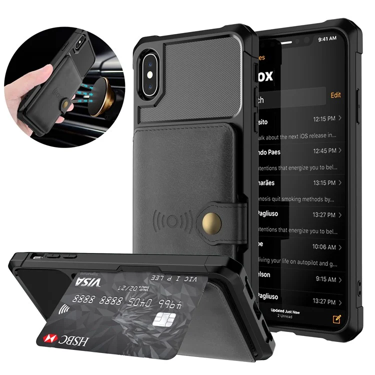 Funda de billetera con revestimiento de cuero y soporte de pie incorporado con hoja magnética incorporada para iPhone XS Max de 6.5 pulgadas - Negro