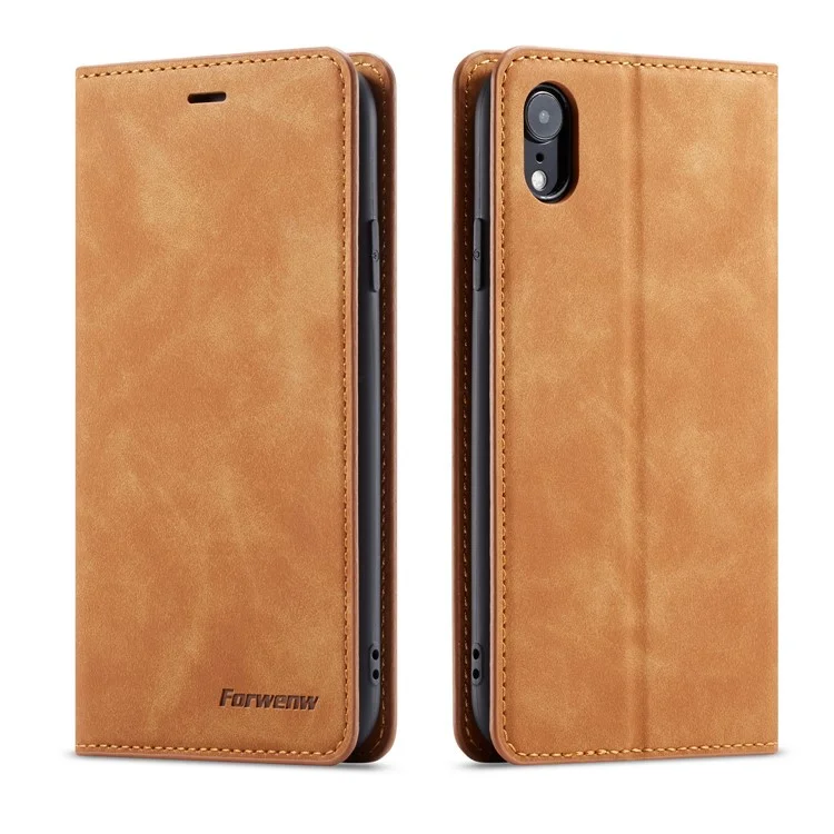 FORWENW Fantasy Series Silky Touch Leather Wallet Case for iPhone XR 6.1 inch - Brown