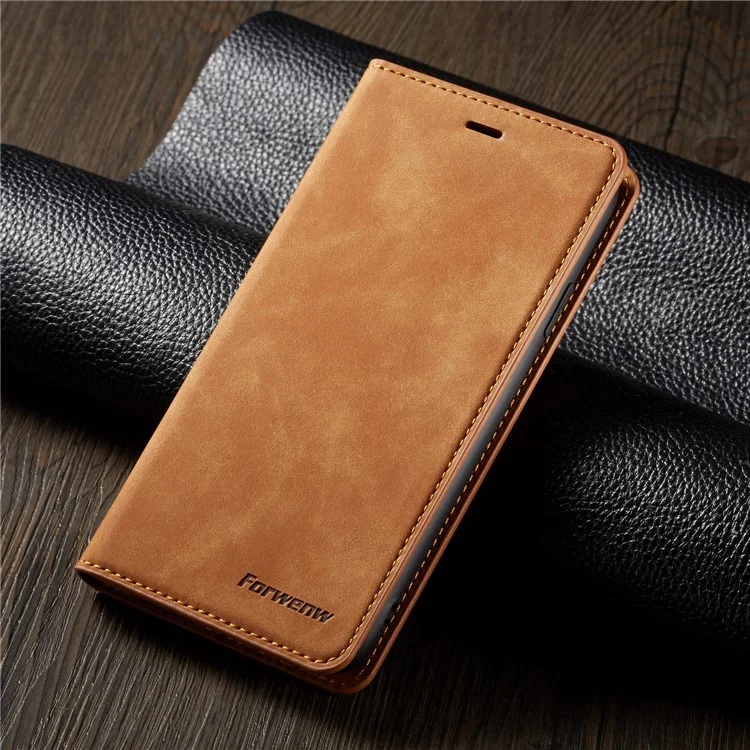 FORWENW Fantasy Series Silky Touch Leather Wallet Case for iPhone XR 6.1 inch - Brown