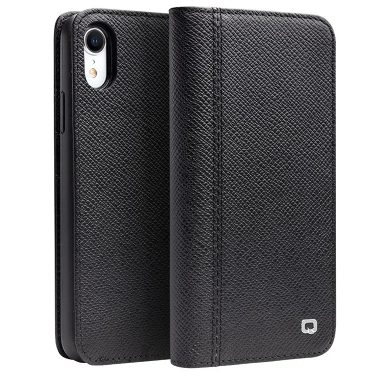QIALINO Cross Texture Detachable 2-in-1 Smart Wake/Sleep Genuine Leather Stand Case for iPhone XR 6.1 inch - Black