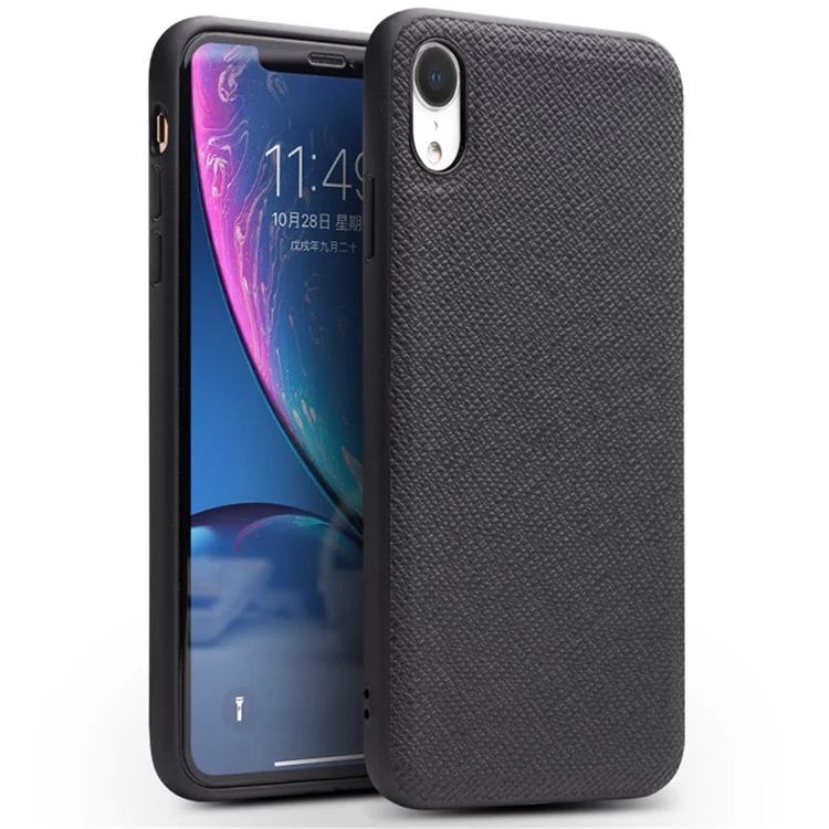 QIALINO Cross Texture Detachable 2-in-1 Smart Wake/Sleep Genuine Leather Stand Case for iPhone XR 6.1 inch - Black