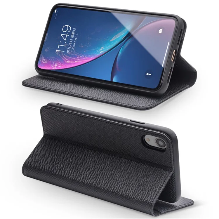 QIALINO Cross Texture Detachable 2-in-1 Smart Wake/Sleep Genuine Leather Stand Case for iPhone XR 6.1 inch - Black