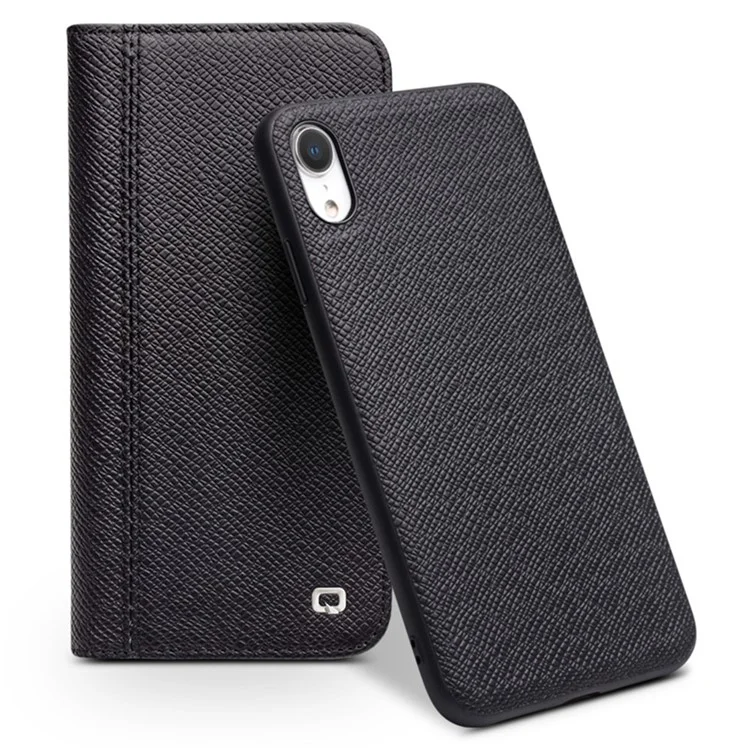 QIALINO Cross Texture Detachable 2-in-1 Smart Wake/Sleep Genuine Leather Stand Case for iPhone XR 6.1 inch - Black