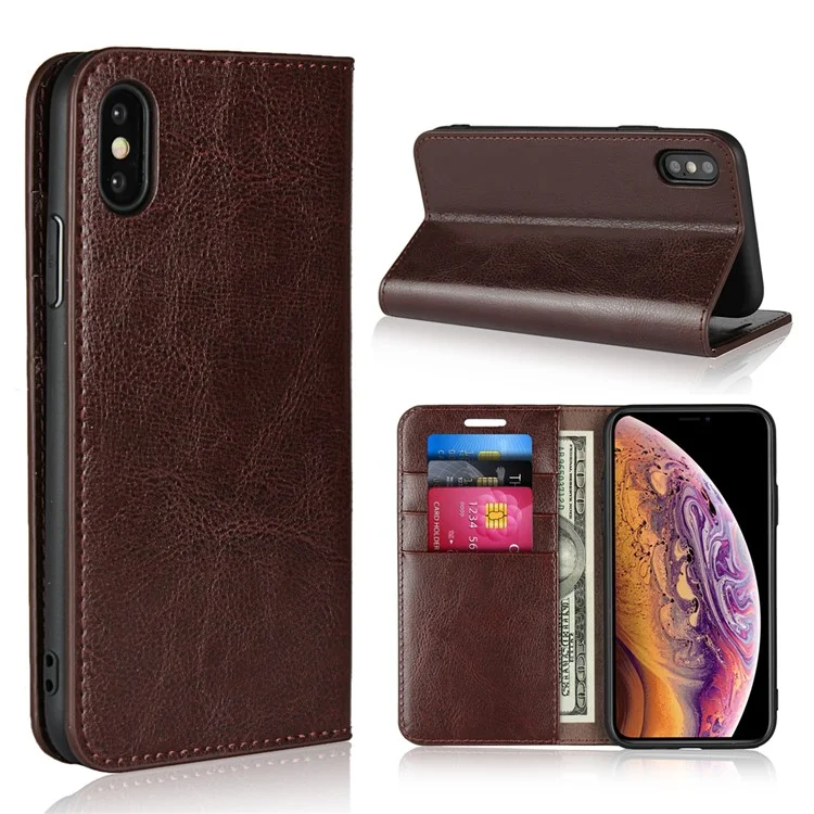Crazy Horse Genuine Leather Wallet Cell Phone Case for iPhone XS 5.8 inch - Coffee