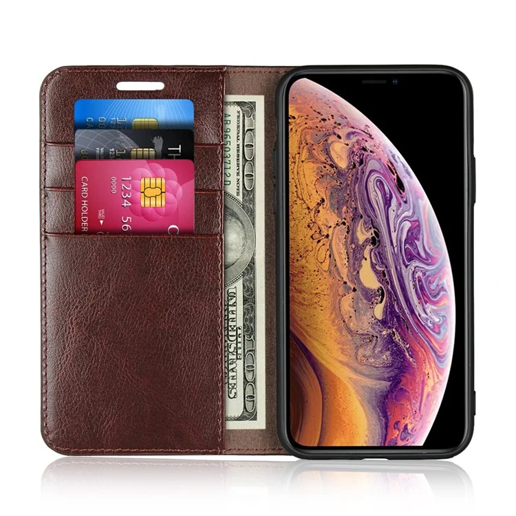 Crazy Horse Genuine Leather Wallet Cell Phone Case for iPhone XS 5.8 inch - Coffee