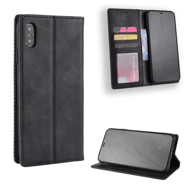 Vintage Style Leather Wallet Cover for iPhone XS Max 6.5 inch - Black