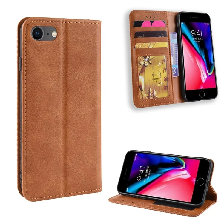 For iPhone 7/8/SE (2020)/SE (2022) Vintage Style PU Leather Wallet Shell Cover Case with Foldable Stand - Brown