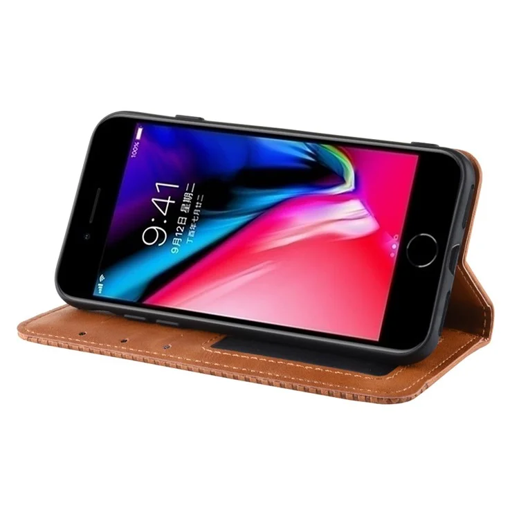 For iPhone 7/8/SE (2020)/SE (2022) Vintage Style PU Leather Wallet Shell Cover Case with Foldable Stand - Brown