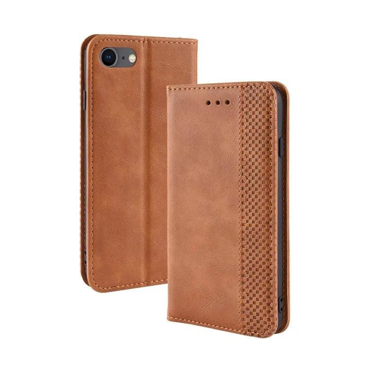 For iPhone 7/8/SE (2020)/SE (2022) Vintage Style PU Leather Wallet Shell Cover Case with Foldable Stand - Brown