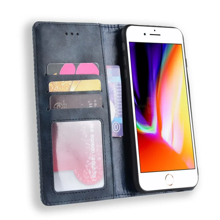 Retro Style Leather Auto-absorbed Wallet Casing for iPhone 8 Plus / 7 Plus 5.5 inch - Blue