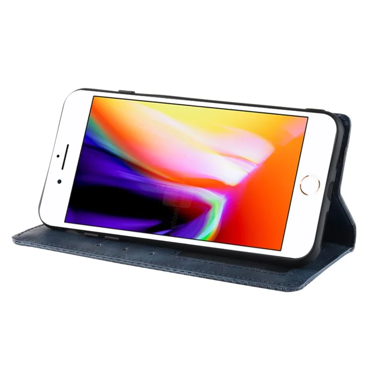 Retro Style Leather Auto-absorbed Wallet Casing for iPhone 8 Plus / 7 Plus 5.5 inch - Blue