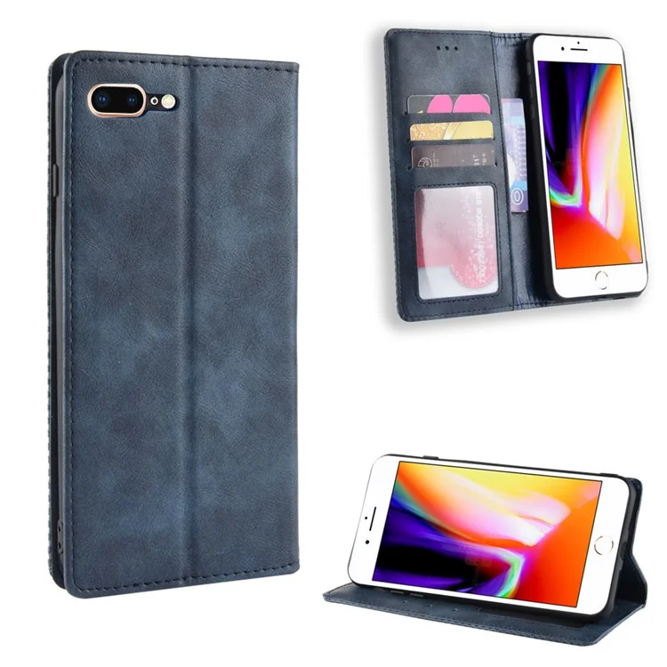 Retro Style Leather Auto-absorbed Wallet Casing for iPhone 8 Plus / 7 Plus 5.5 inch - Blue