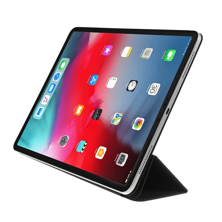 For Pad Pro 12.9-inch (2018) Tri-fold Stand Smart Folio Leather Magnetic Connection Cover - Black