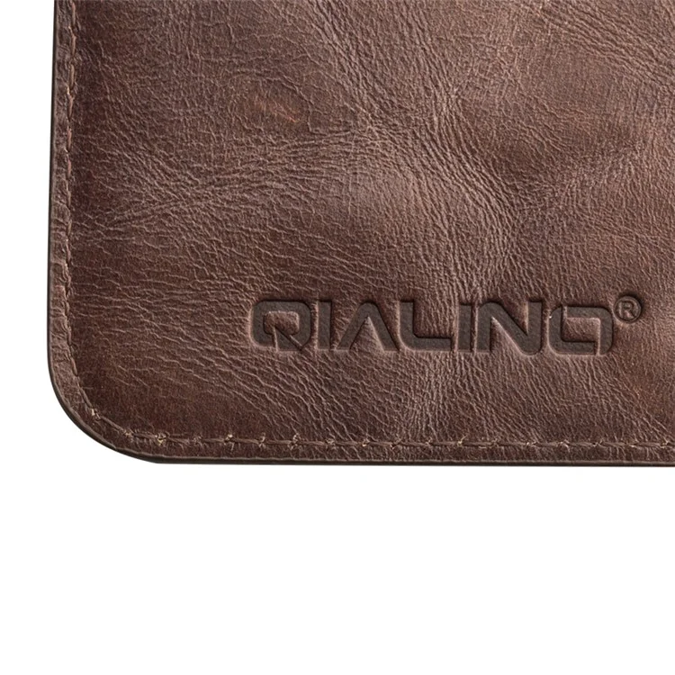 QIALINO for iPhone 6s 6 Genuine Cowhide Leather Wallet Cover with Lanyard - Coffee