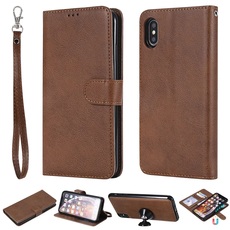 For iPhone XS Max Case 2 in 1 Detachable Magnetic Leather Wallet Mobile Cover with Strap - Brown