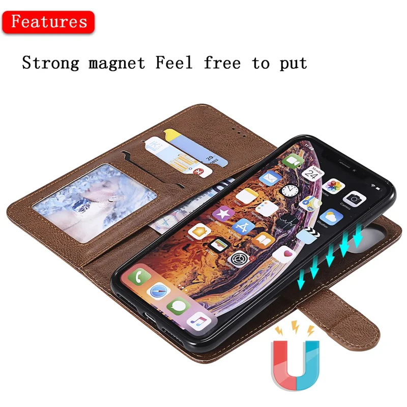 For iPhone XS Max Case 2 in 1 Detachable Magnetic Leather Wallet Mobile Cover with Strap - Brown