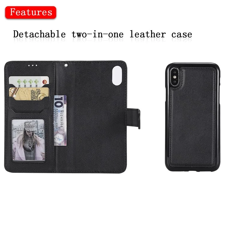 For iPhone XS / X Case 2 in 1 Detachable Magnetic Leather Wallet Mobile Cover with Strap - Black