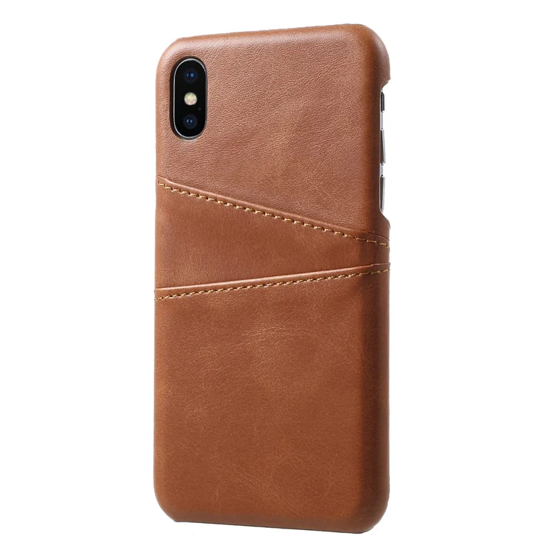 Double Card Slots PU Leather Coated PC Case Phone Accessory for iPhone XS / X 5.8 inch - Coffee