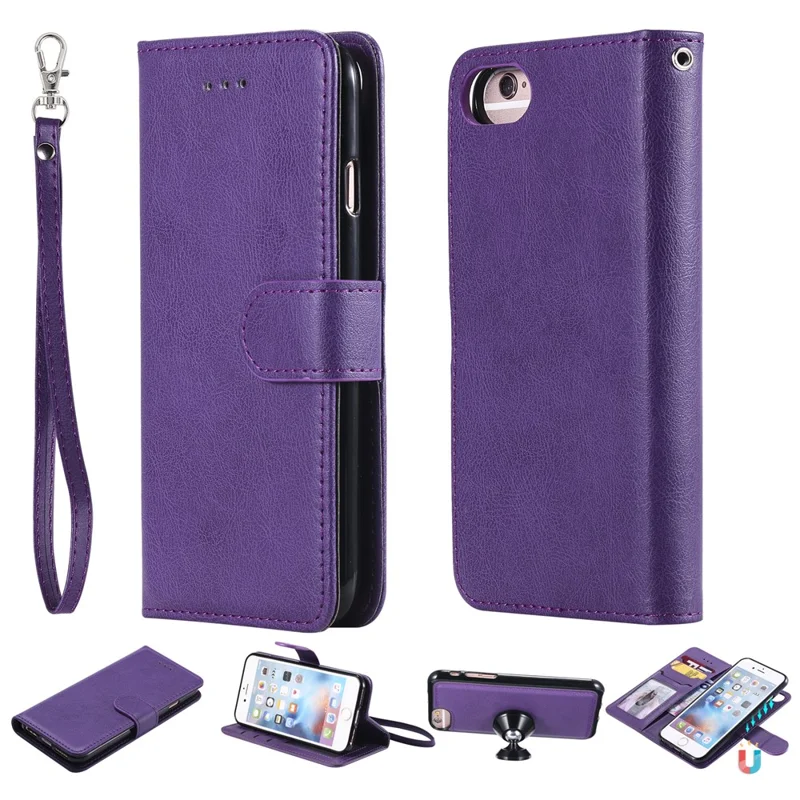 For iPhone 6s / 6 / 7 / 8 / SE (2020) / SE (2022) Case 2 in 1 Detachable Magnetic Leather Wallet Mobile Cover with Strap - Purple