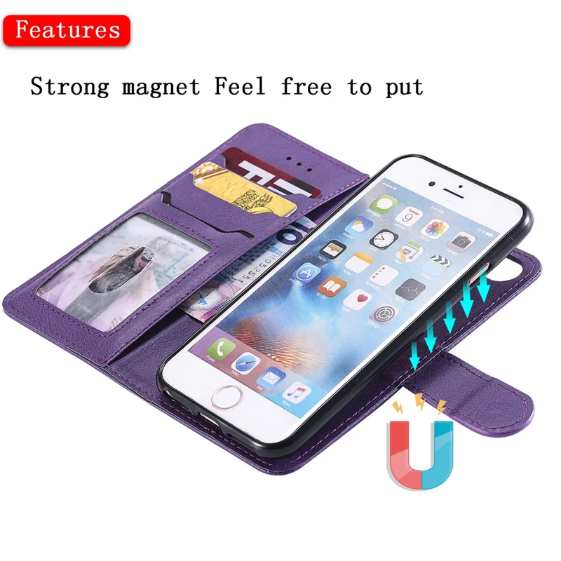 For iPhone 6s / 6 / 7 / 8 / SE (2020) / SE (2022) Case 2 in 1 Detachable Magnetic Leather Wallet Mobile Cover with Strap - Purple