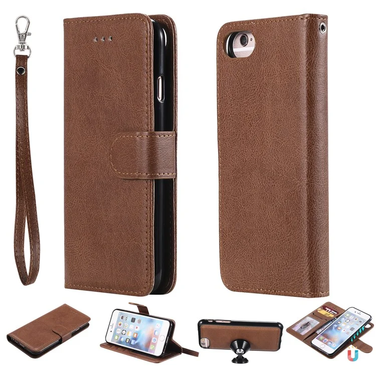 For iPhone 6s / 6 / 7 / 8 / SE (2020) / SE (2022) Case 2 in 1 Detachable Magnetic Leather Wallet Mobile Cover with Strap - Brown